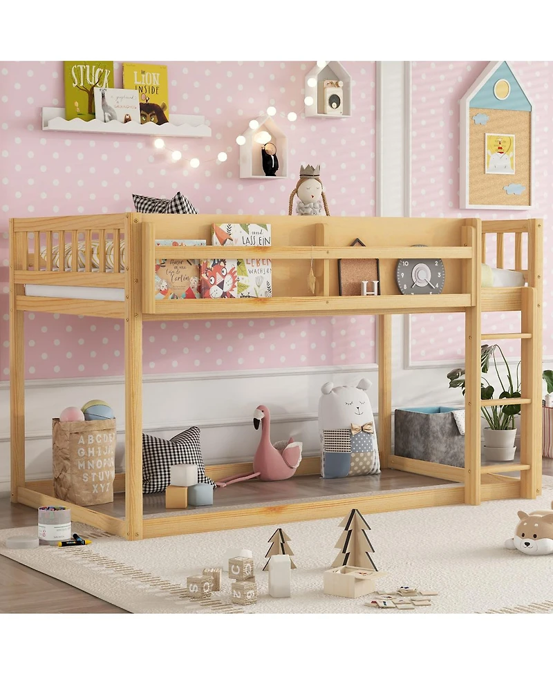Streamdale Furniture Low Twin Over Twin Bunk Bed with Ladder, Solid Wood for Kids & Juniors