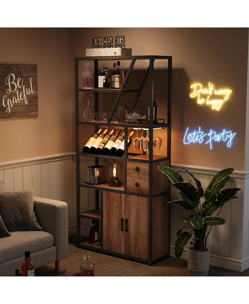 gaomon Tall Bar Cabinet with Led Lights, Storage & Power Outlets