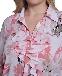 Calvin Klein Plus Printed Long-Sleeve Ruffle-Front Top