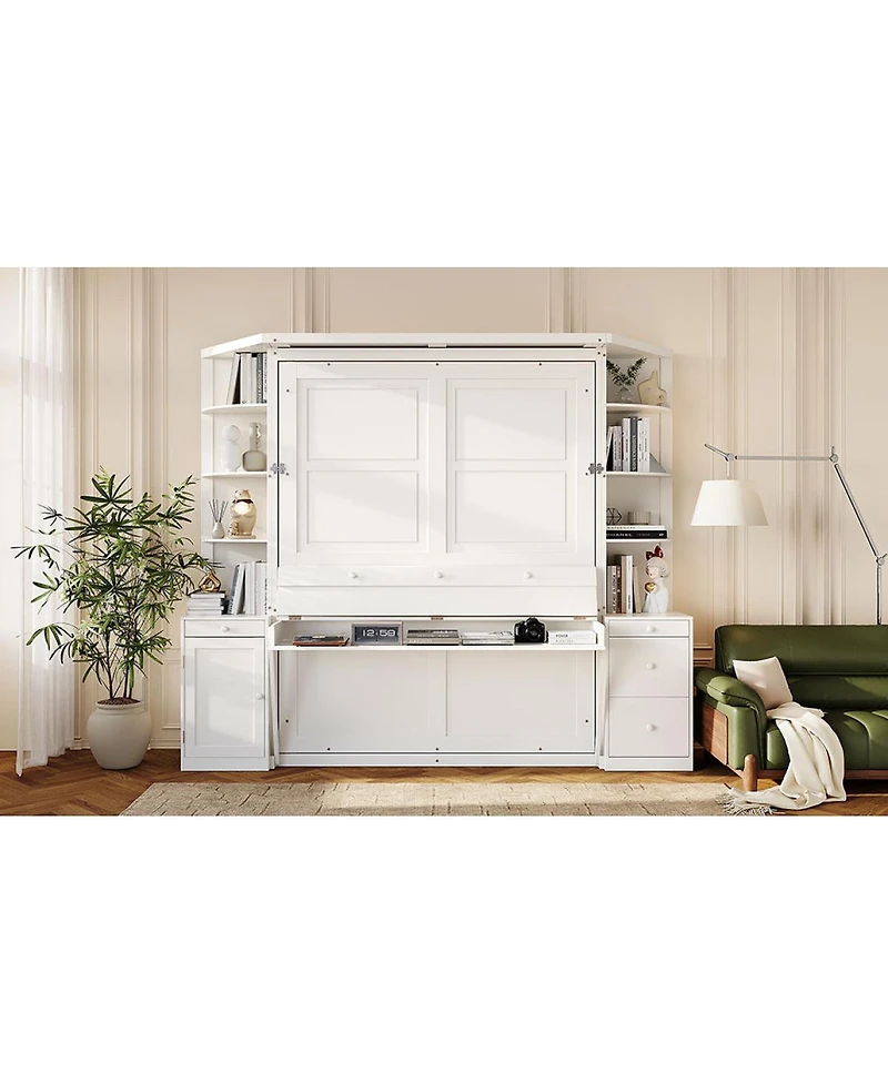 Streamdale Furniture Queen Murphy Bed with Desk, Storage, Cabinets, Hidden Wall Bed, Lights