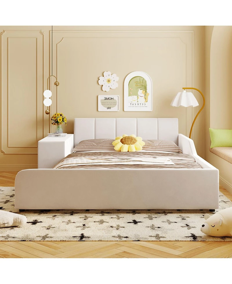 Streamdale Furniture Full Size Upholstered Grounded Bed with Bedside Desk & Stool, Beige