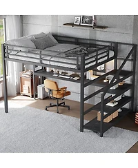 Streamdale Furniture Loft Bed with Desk and Storage Stairs, Metal Loft Bed with Led Lights & Usb Ports
