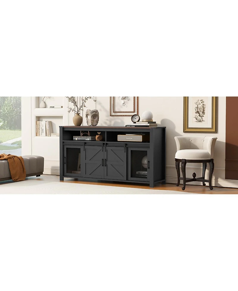 Streamdale Furniture 59.3" Farmhouse Barn Door Sideboard with Mesh Panels and Open Storage
