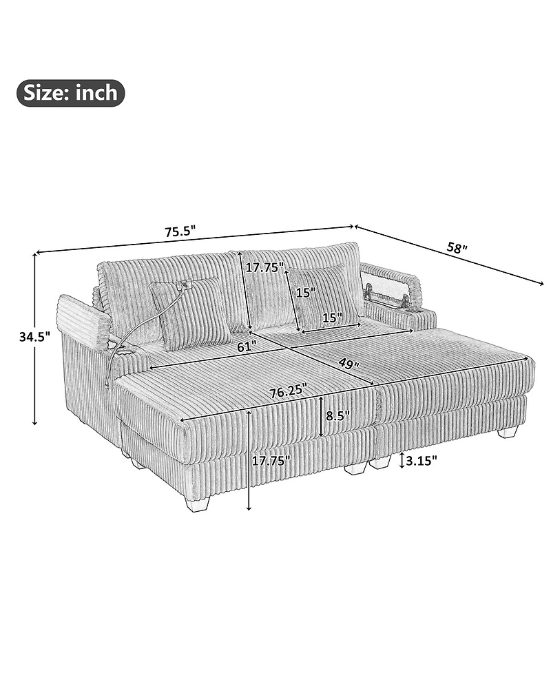 Streamdale Modern Chaise Sofa with Adjustable Backrest, Cup Holders, Phone Holder & Storage, Light Gray