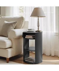 Streamdale Furniture Indoor 3-Tier Metal Round Side Table with Sliding Door Cabinet, Matte Black