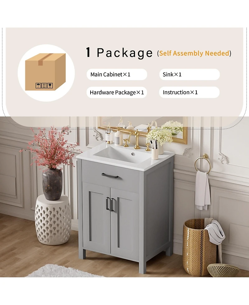 Cesicia 24 in. Bathroom Vanity Combo with Ceramic Sink, Luxurious Space-Saving Vanity with 2 Soft Close Doors