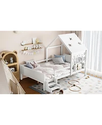 Streamdale Furniture Full House Bed with Low-Profile Stairs, Window, Bookcase, Blackboard, Star Roof