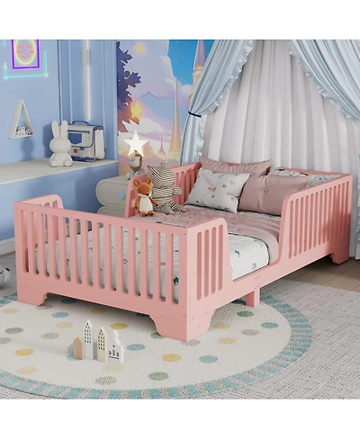 Streamdale Furniture Twin Montessori Floor Bed with Slats, Fence & Door - Pink