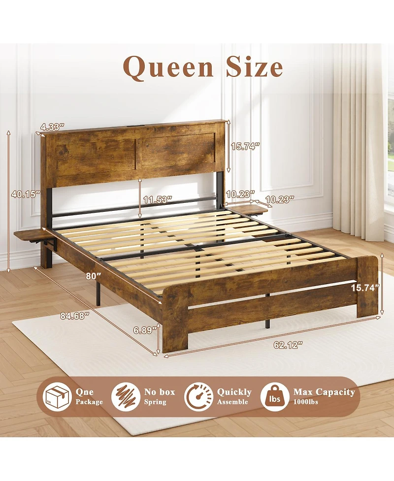Streamdale Furniture Farmhouse Queen Bed Frame w/ Storage Shelf, Led Lights & Charging Station