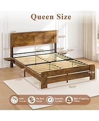 Streamdale Furniture Farmhouse Queen Bed Frame w/ Storage Shelf, Led Lights & Charging Station