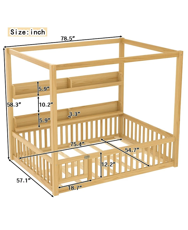 Streamdale Furniture Canopy Bed with Guardrails & Shelves, Montessori Floor Bed Frame
