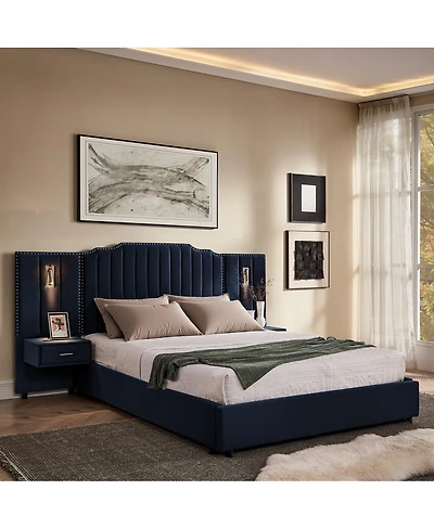 Streamdale Furniture Queen Size Velvet Upholstered Bed Frame with Vertical Stripes