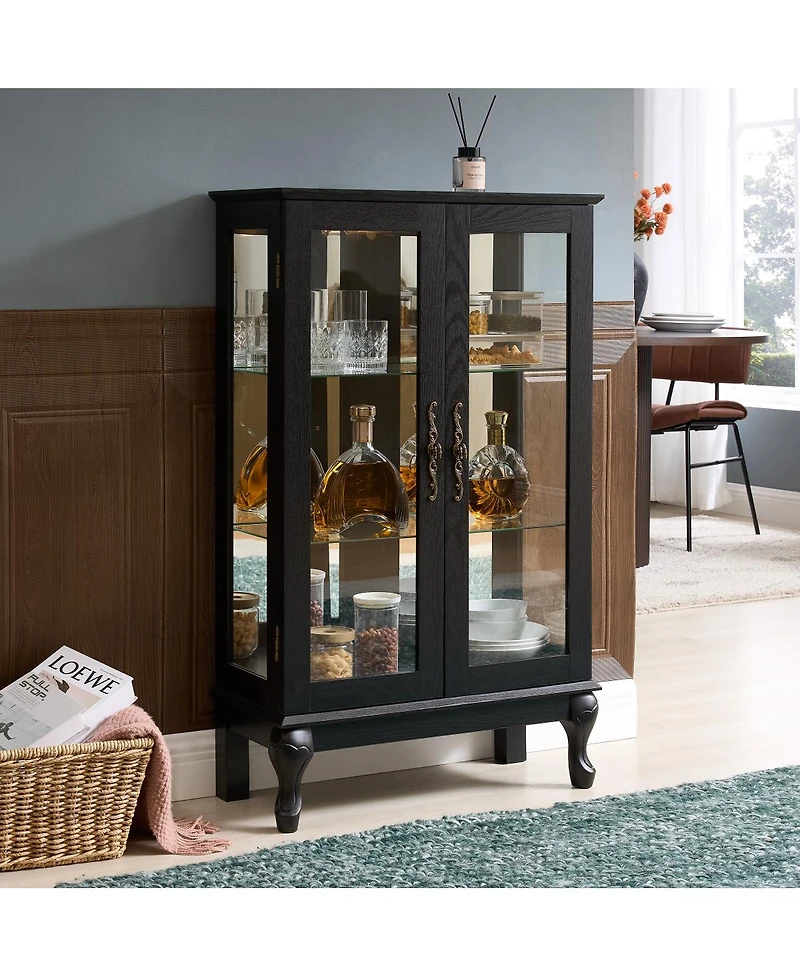 Streamdale Furniture Curio Cabinet with Glass Doors, Lighted Display, Mirrored Back, Adjustable Shelves - Black