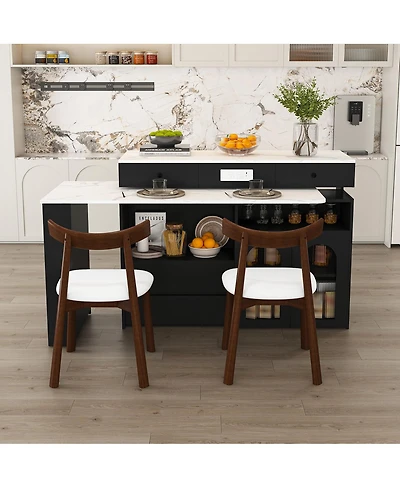 Streamdale Furniture Kitchen Island Set with 2 Chairs, Extendable & Rotating Table, Marble Veneer, 4 Drawers & Cabinets