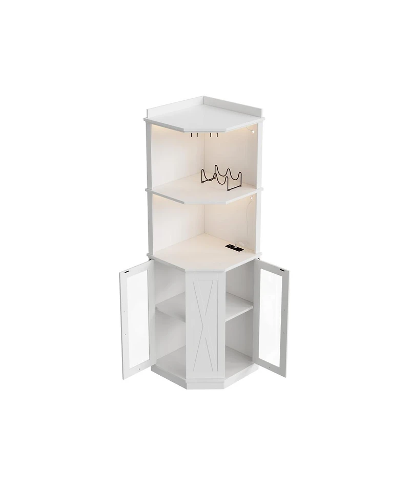 Streamdale Furniture 67.3" Farmhouse Corner Bar Cabinet with Power Outlet, Lights & Glass Rack