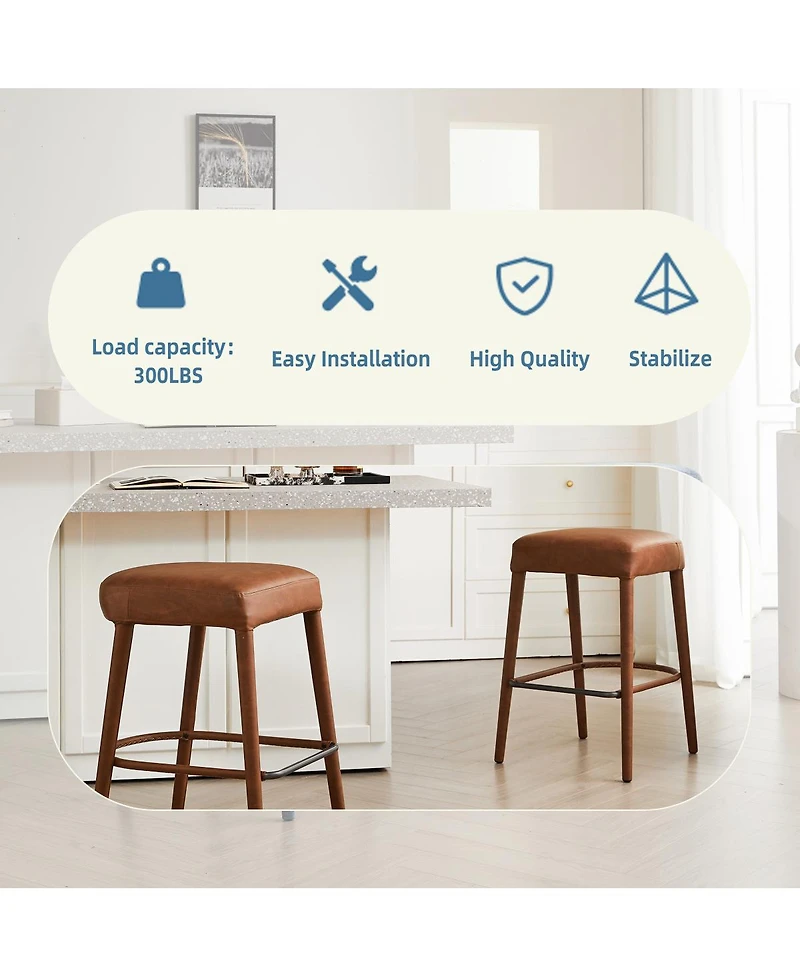 Streamdale Furniture Counter Height Backless Brown Faux Leather Bar Stool - Padded Seat, Metal Legs (2 Sets)