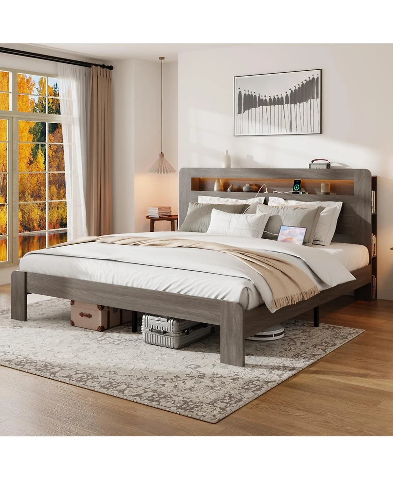 Streamdale Furniture Wood King Bed Frame with Storage, Led Headboard, Usb