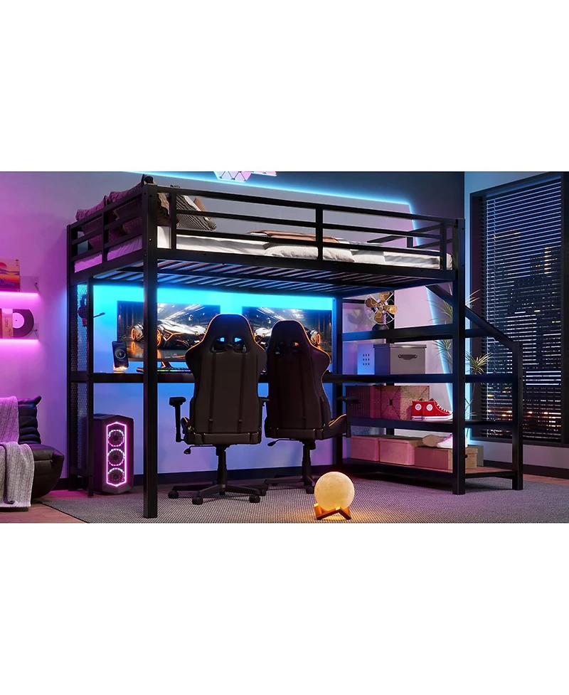 Streamdale Furniture Full Loft Bed with Desk, Storage Stairs, Led Lights & Usb Ports