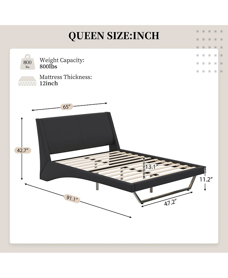 Streamdale Furniture Queen Size Pu Leather Upholstered Bed Frame, No Box Spring Needed