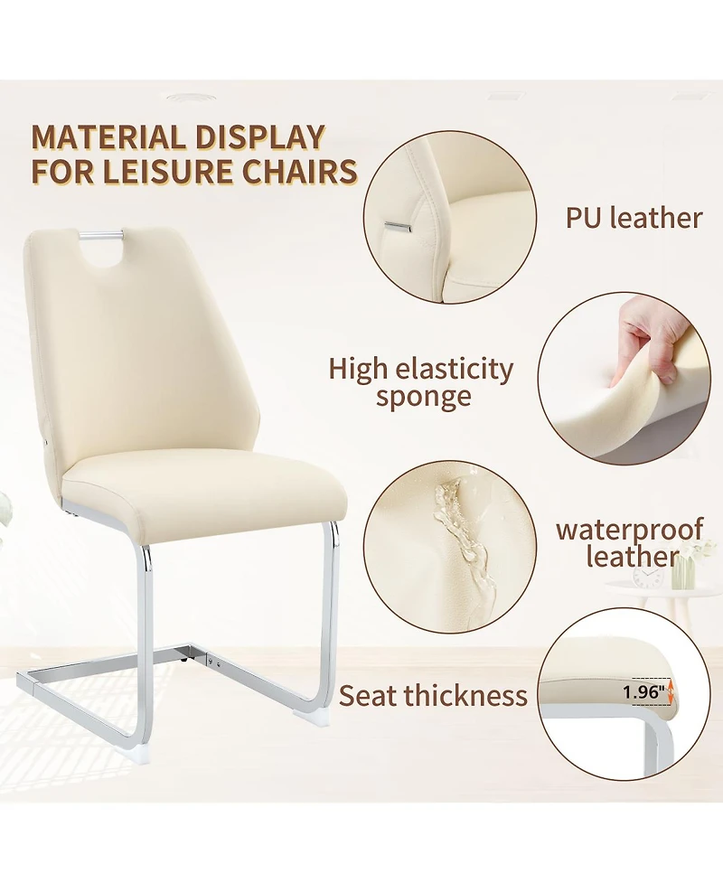 Streamdale Furniture Streamdale Dining Chairs Set of 4, Off-White Faux Leather w/ Gold Mesh, Silver Ring, Chrome Handle