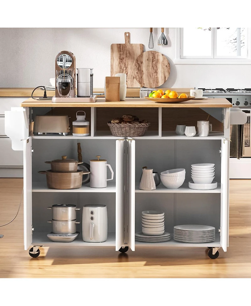 Streamdale Furniture 55.5" Fluted Kitchen Island with 2 Drop Leaf, Storage Cart, Power Outlet, 4 Doors, Spice Rack, Rolling Table