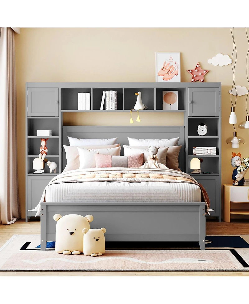 Streamdale Furniture Full Size Wooden Bed With All-in-One Cabinet and Shelf