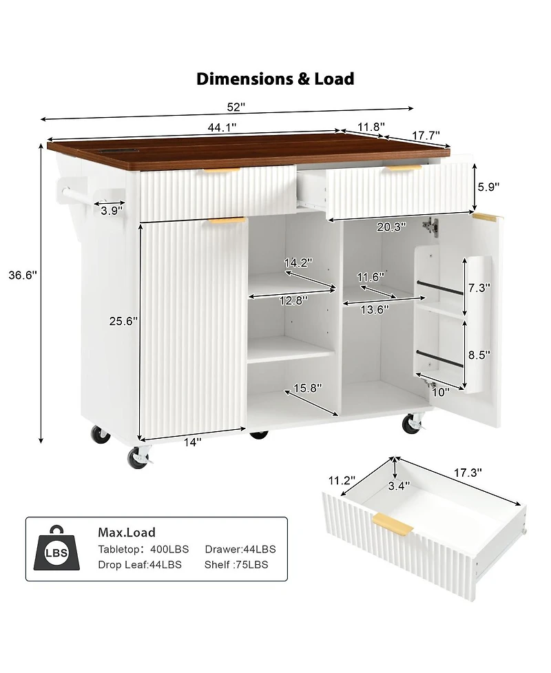 Streamdale 52" Fluted Kitchen Island with Drop Leaf, Power Outlet & Storage Cart