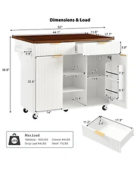 Streamdale 52" Fluted Kitchen Island with Drop Leaf, Power Outlet & Storage Cart