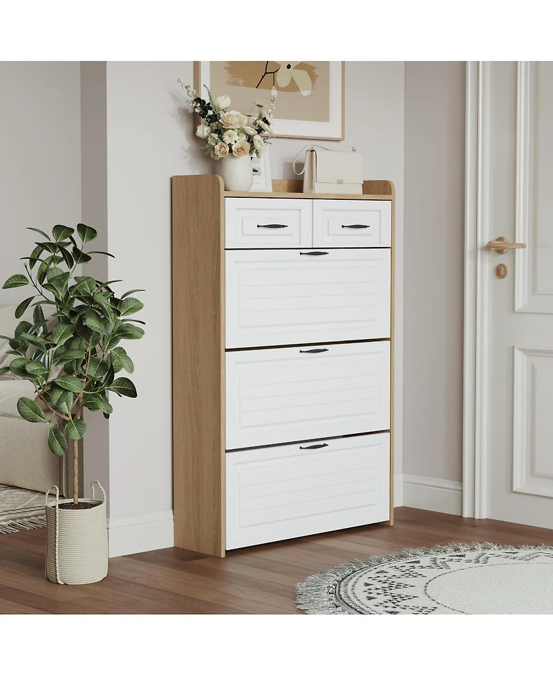 Streamdale FurnitureWhite + Oak 3-Door 2-Drawer Shoe Cabinet with Large Storage