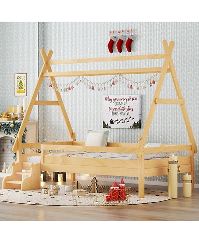 Streamdale Furniture Twin House Platform Bed with Stairs, Solid Wood Twin Bed Frame, Low Profile