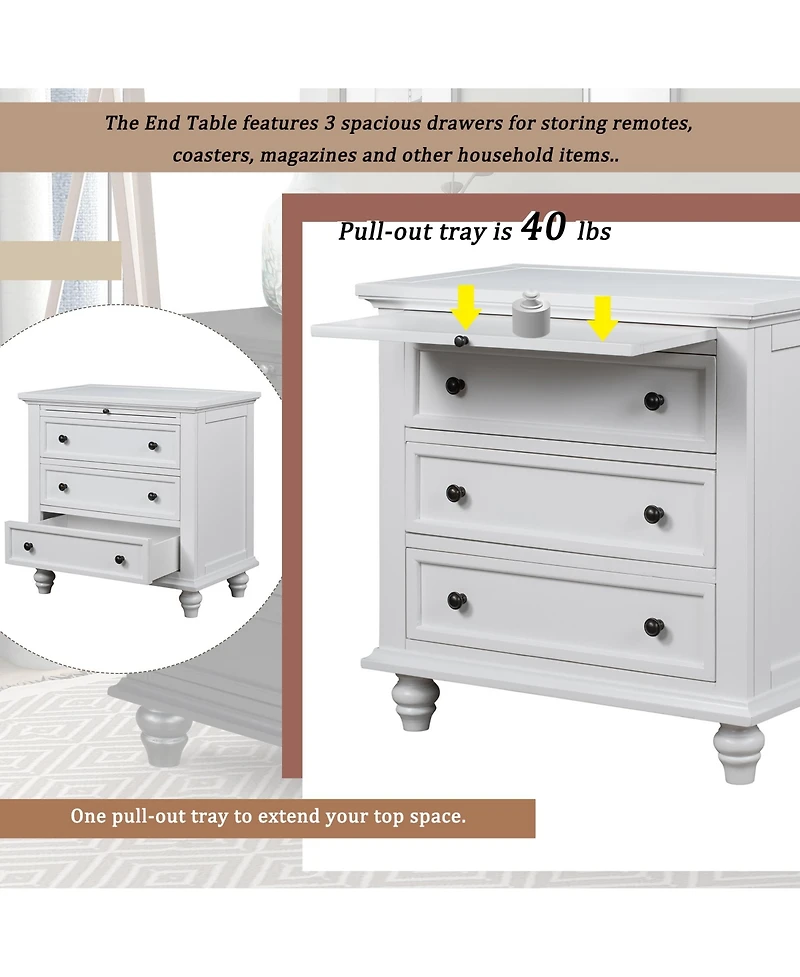 Rainsken 28'' Wood Nightstand, Bedside Cabinet with 3 Storage Drawers and Pull-out Tray, Bedside Accent Table for Bedroom and Office (White)