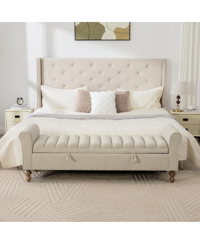 Streamdale Furniture Modern Upholstered Storage Bench with Rolled Armrest, Griege