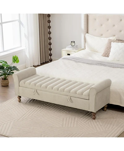 Streamdale Furniture Modern Upholstered Storage Bench with Rolled Armrest, Griege