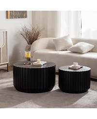 Streamdale Furniture Set of 2 Black Fluted Coffee Table - Solid Wood & Mdf Round Accent Tables