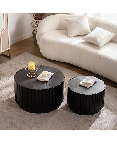 Streamdale Furniture Set of 2 Black Fluted Coffee Table - Solid Wood & Mdf Round Accent Tables