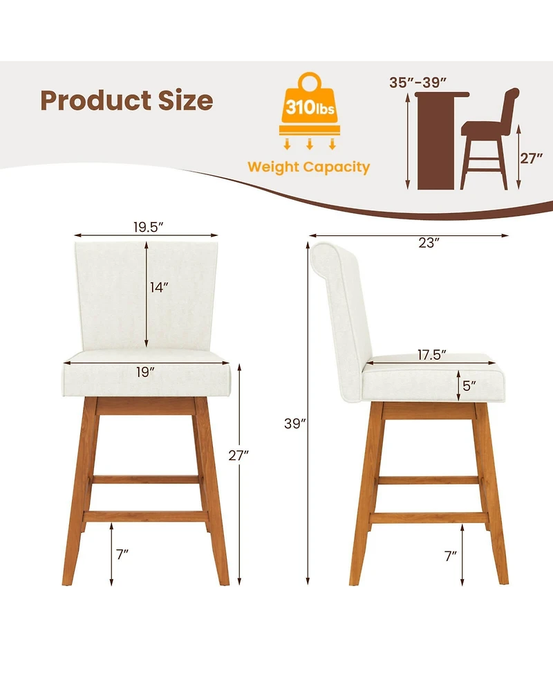 Costway 27" Swivel Bar Stools with Rubber Wood Legs Upholstered Linen Chairs