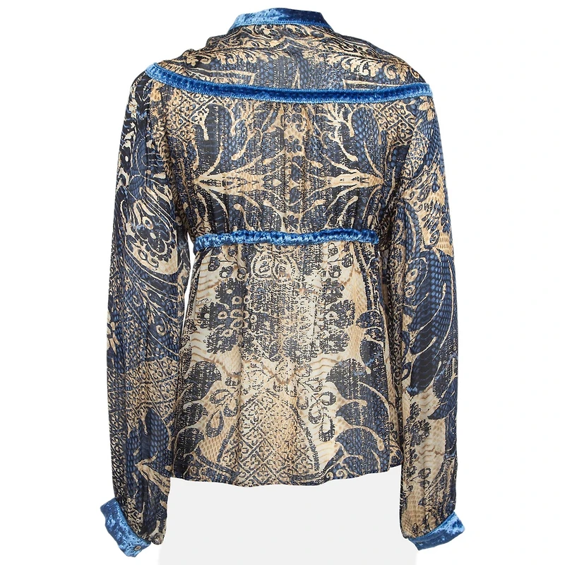 Pre-Owned Roberto Cavalli Women's Blue/brown Printed Velvet Trim Silk Blouse