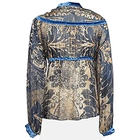 Pre-Owned Roberto Cavalli Women's Blue/brown Printed Velvet Trim Silk Blouse