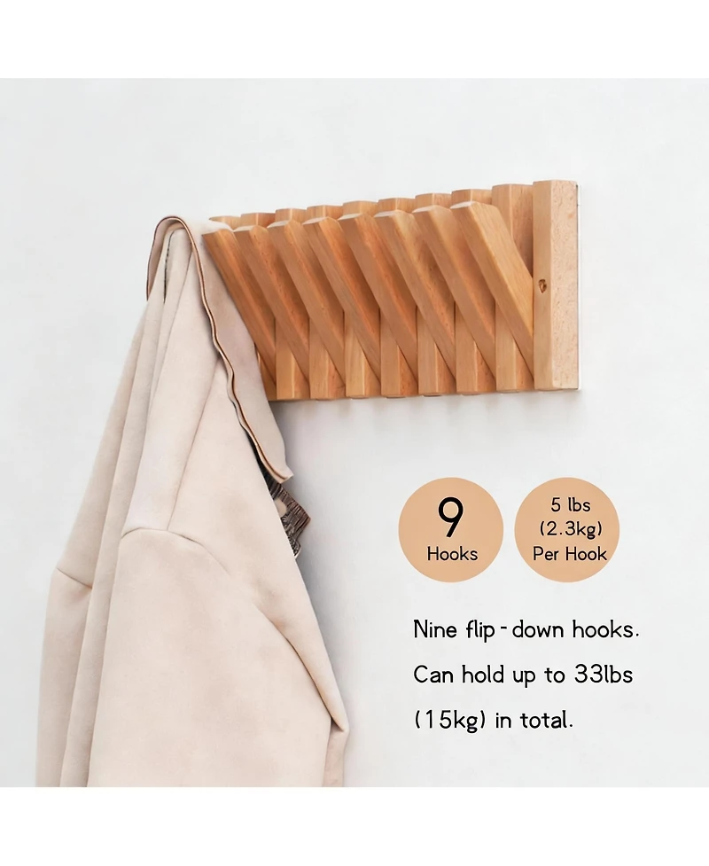 Yigii Solid Wood 9-Hook Retractable Coat Rack for Entryways