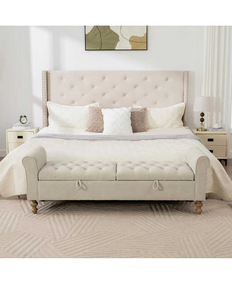 Streamdale Furniture 65.75" Wide Modern Upholstered Storage Bench with Double Lids & Rolled Armrest