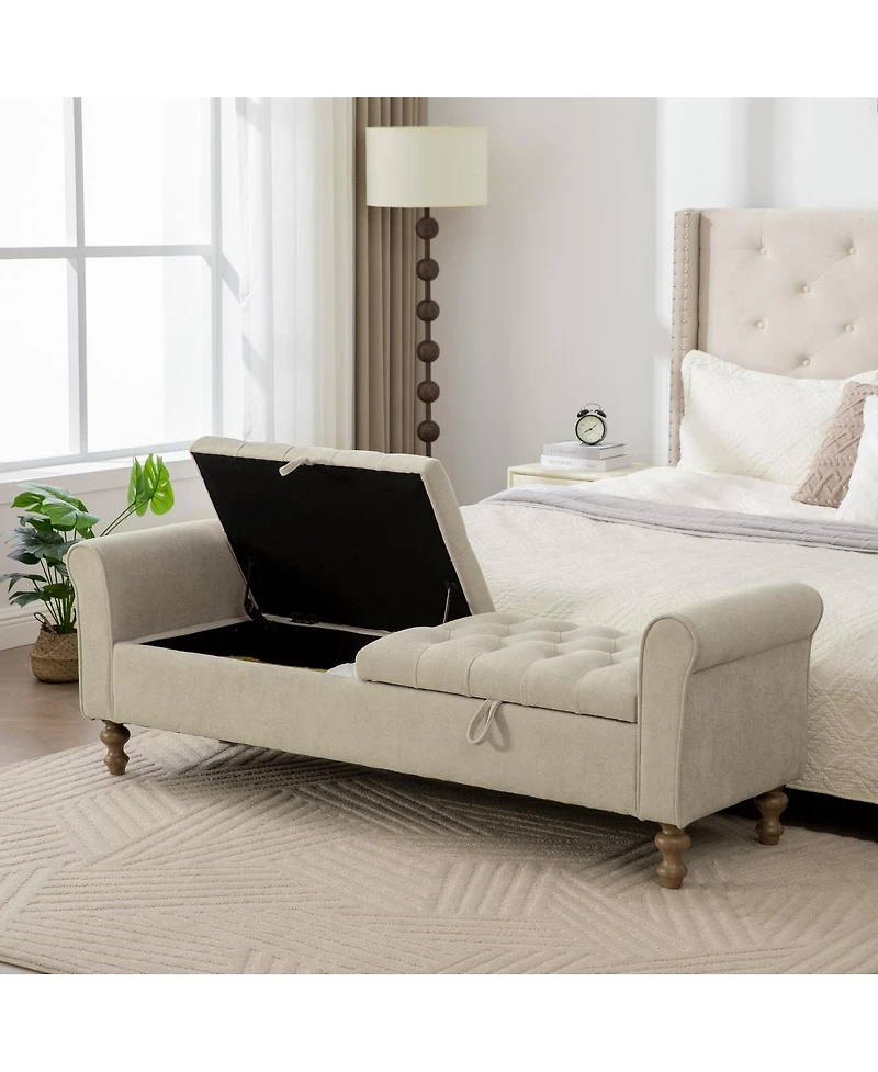 Streamdale Furniture 65.75" Wide Modern Upholstered Storage Bench with Double Lids & Rolled Armrest