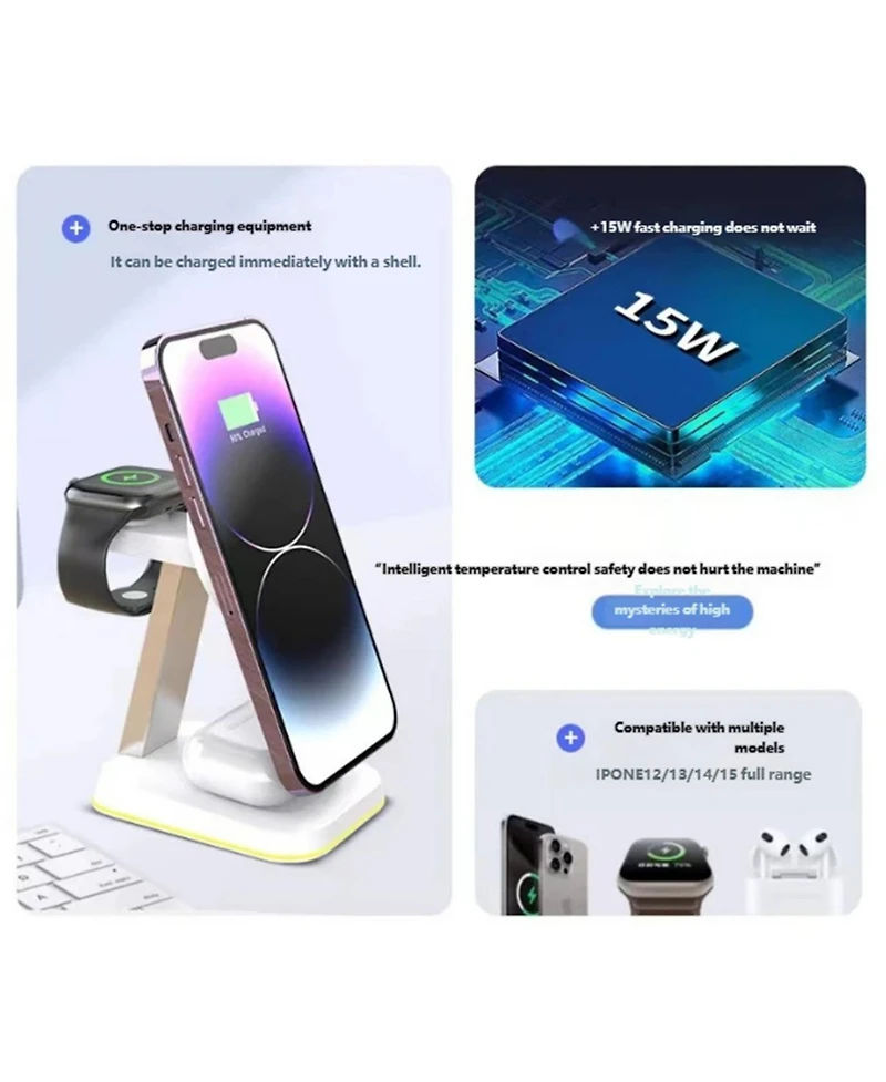 Risokeys 3-in-1 Magnetic Wireless Charger with Charging Port - MagSafe Phone Stand Fast Charging for Phone Earphones