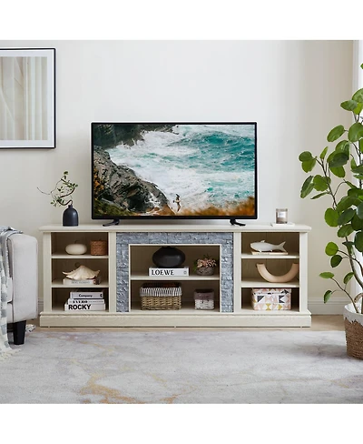 Streamdale Furniture Large Tv Desk Storage Rack with Faux Stacked Stone Surround, White, 70.12"W15.35"D25.83"H