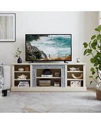 Streamdale Furniture Large Tv Desk Storage Rack with Faux Stacked Stone Surround, White, 70.12"W15.35"D25.83"H