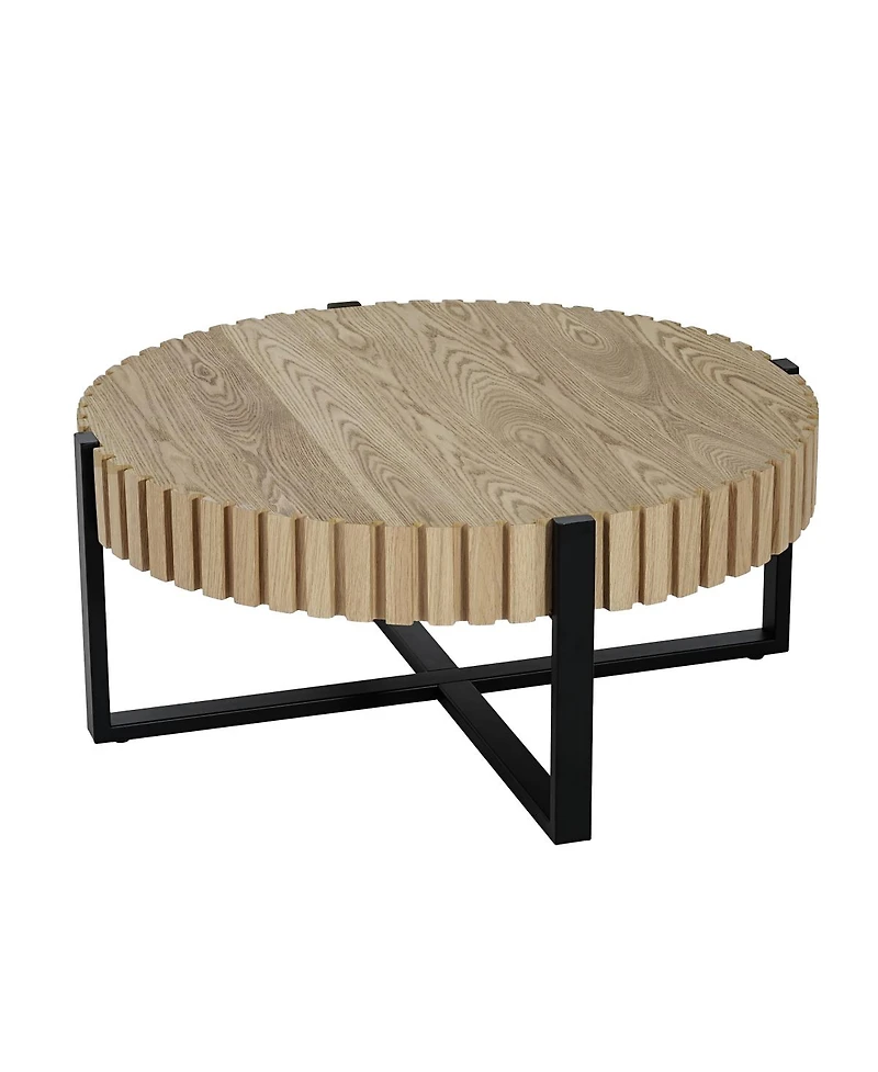 Streamdale Furniture Round Handcraft Drum Coffee Table with Gear Design & Cross Metal Base, 31.5" Modern Compact Table