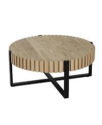 Streamdale Furniture Round Handcraft Drum Coffee Table with Gear Design & Cross Metal Base, 31.5" Modern Compact Table