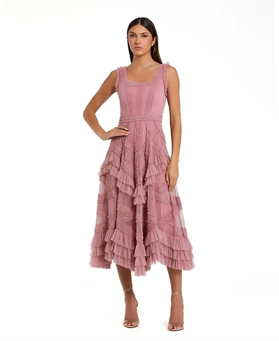 Mac Duggal Women's Scoop Neck Sleeveless Mesh Micro Ruffle Midi Dress