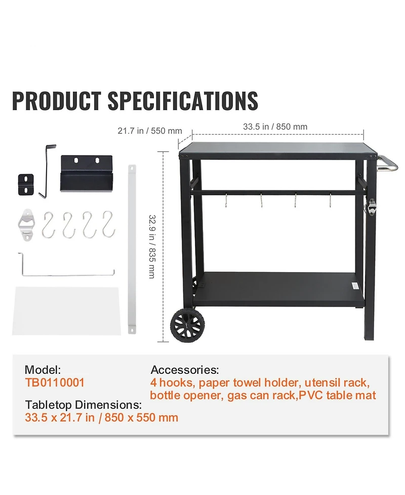 Volenca Outdoor Grill Dining Cart, Double Shelf, Iron Top, 2 Wheels, Carry Handle, Food Prep Table