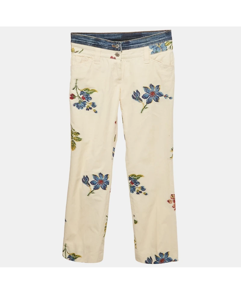 Pre-Owned Dolce & Gabbana Women's Cream Floral Cross Stitch Printed Cotton Pants