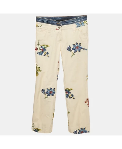 Pre-Owned Dolce & Gabbana Women's Cream Floral Cross Stitch Printed Cotton Pants